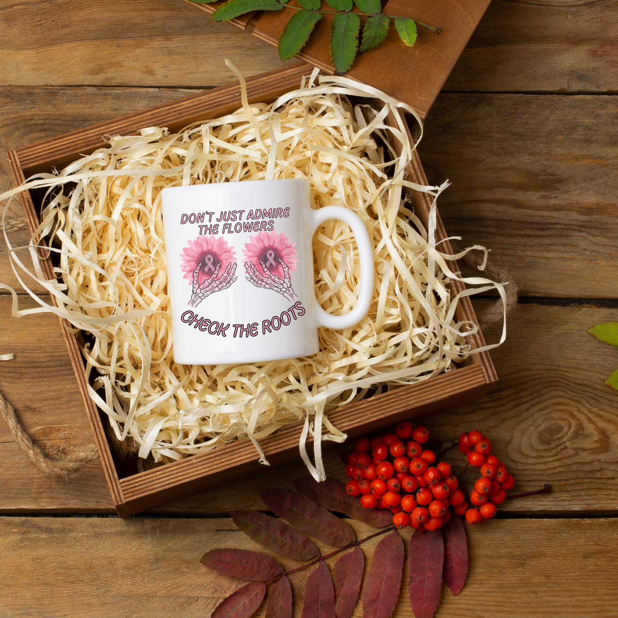 Breast Cancer Awareness Mug Check the Roots Pink Ribbon Flower Design | Ceramic Coffee Cup 11oz and 15oz