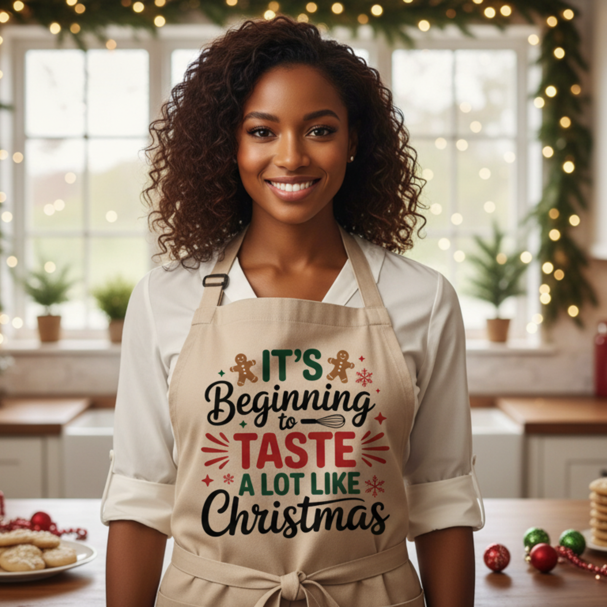 Woman wearing a Christmas-themed apron in a kitchen setting with festive decorations.