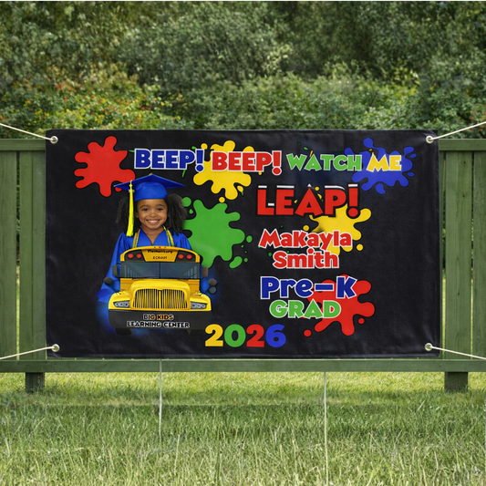 Personalized PreK Graduation Banner 2x4 - Beep Beep Watch Me Leap