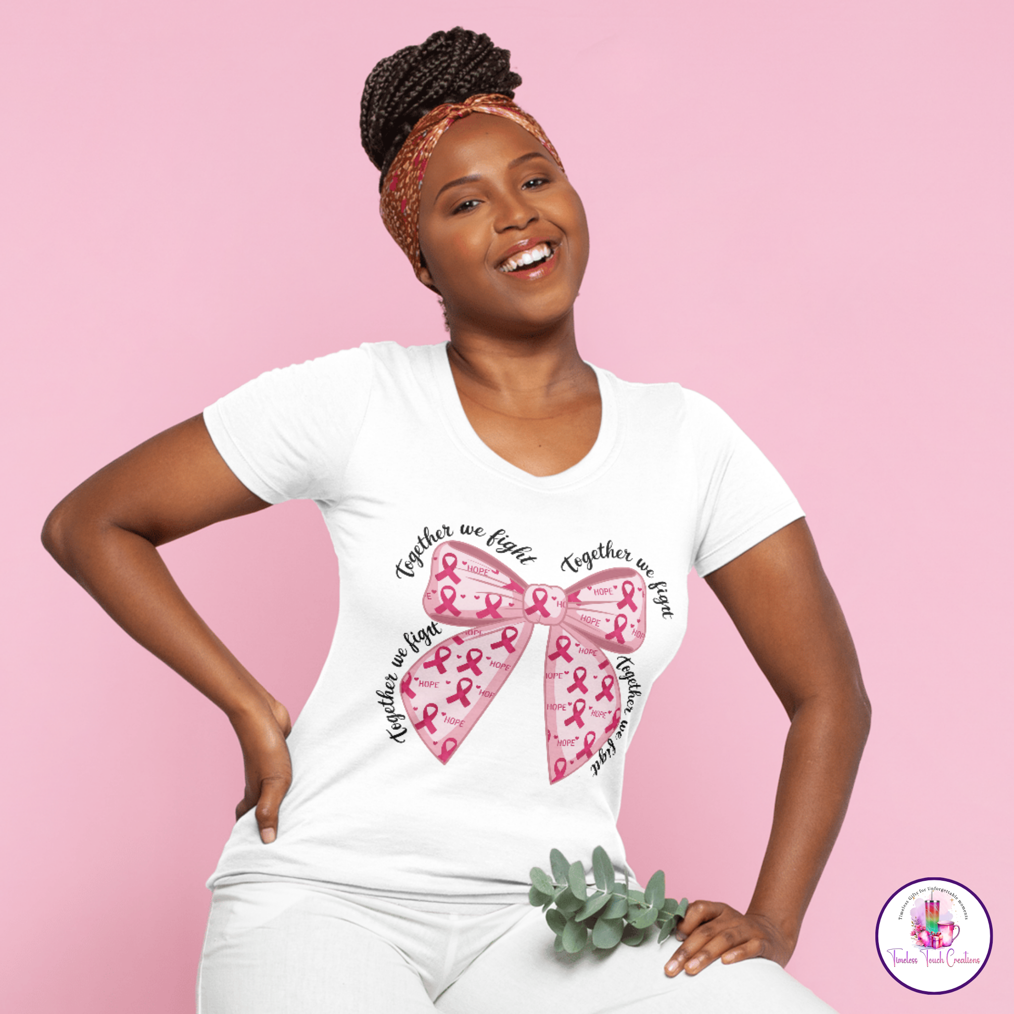 Breast Cancer Awareness T-Shirt Pink Ribbon Bow Together We Fight Design | Gildan Softstyle Tee