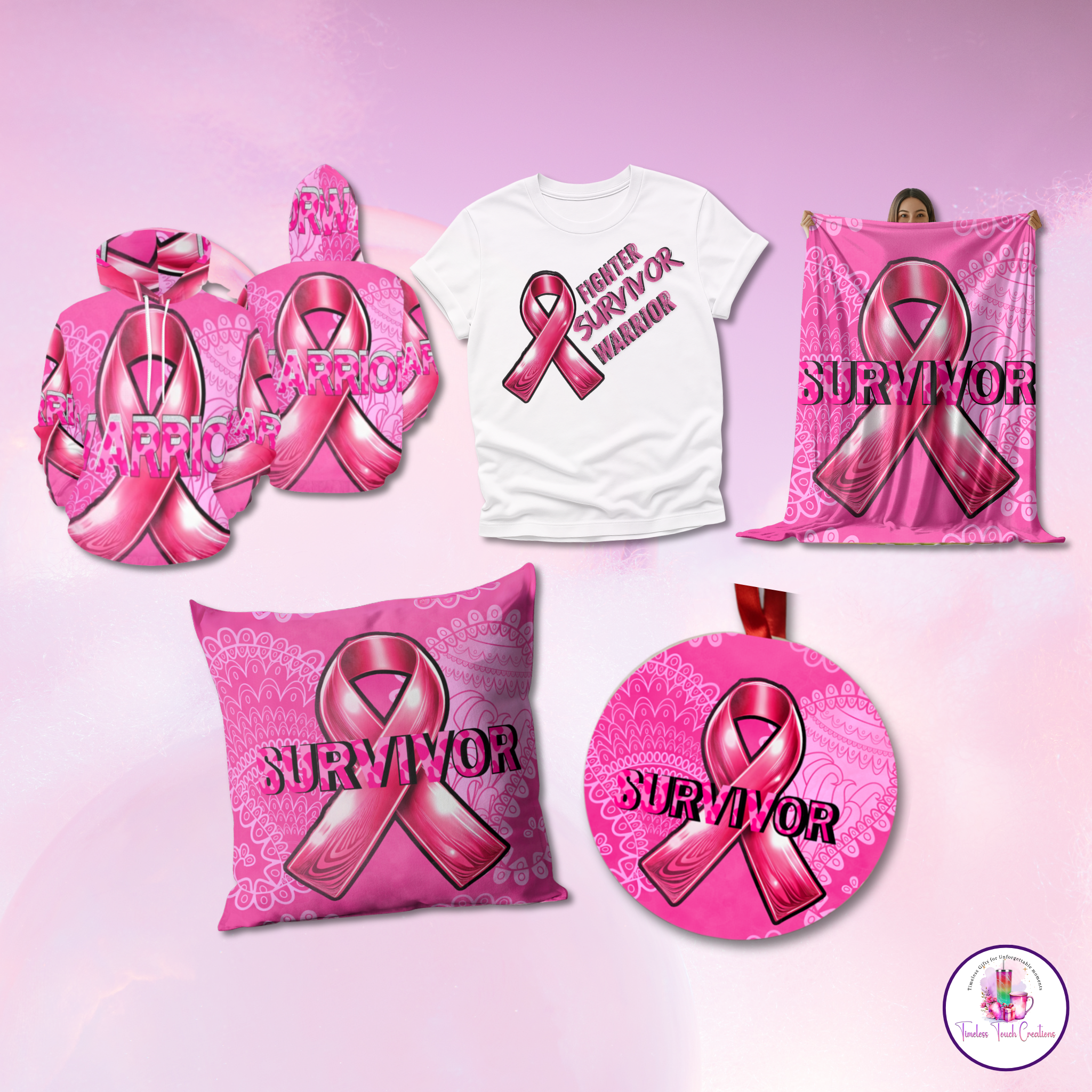 Deluxe Breast Cancer Survivor Bundle Hoodie Blanket Pillow Ornament and T Shirt