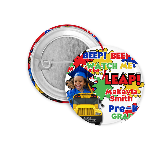 Personalized PreK Graduation Buttons 6-Pack - Beep Beep Watch Me Leap