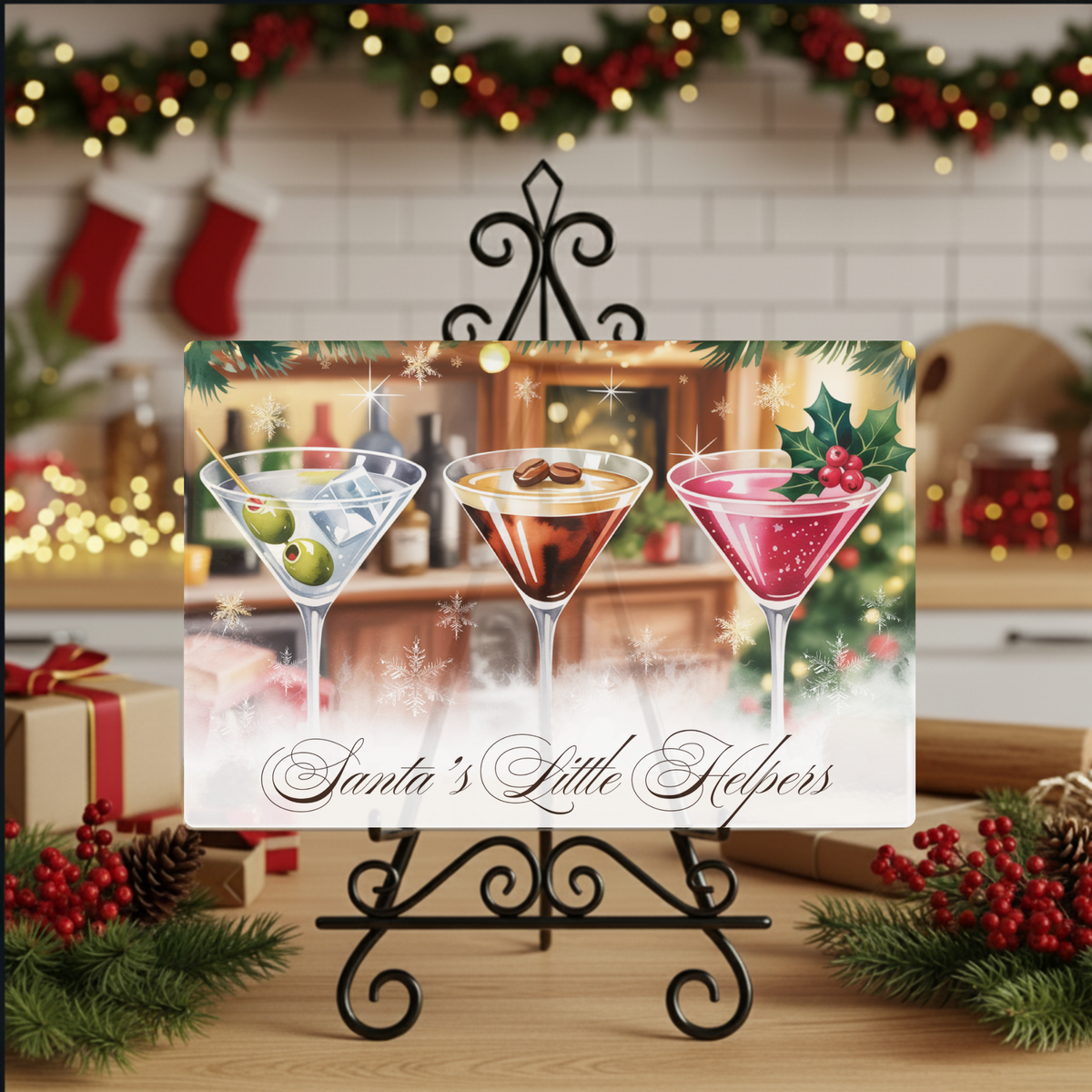 Decorative sign with cocktail glasses and 'Santa's Little Helpers' text, surrounded by Christmas decorations.