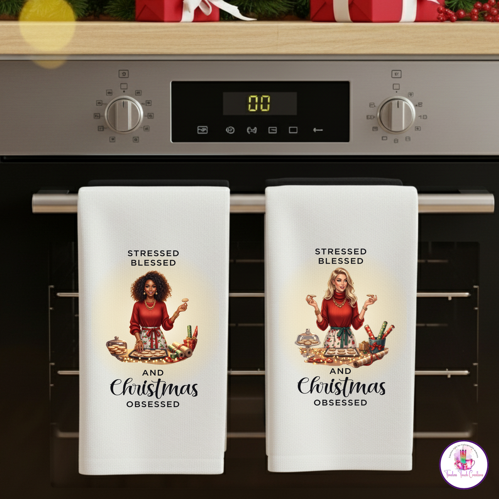 Christmas Kitchen Towel, “Stressed Blessed and Christmas Obsessed” Holiday Dish Towel