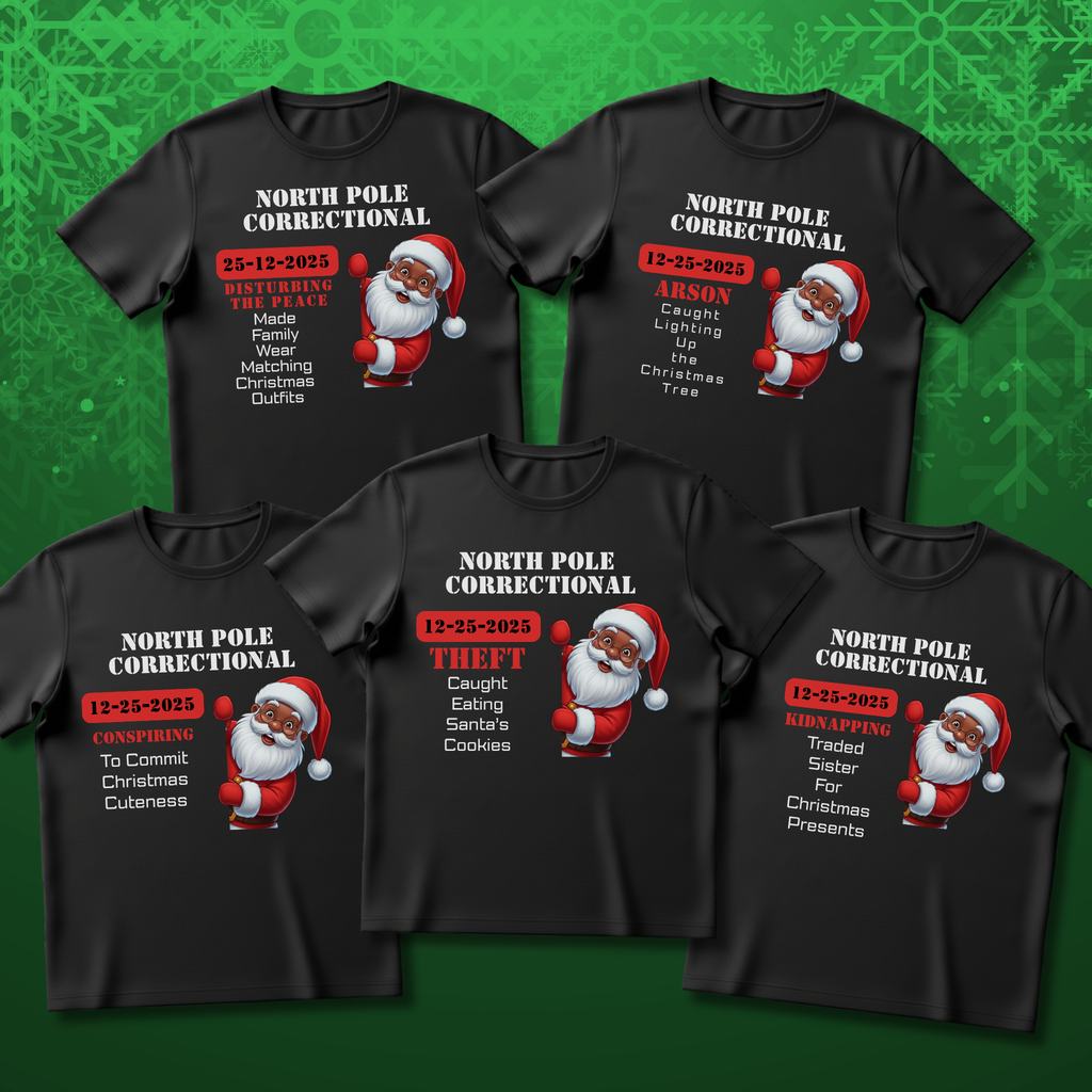 North Pole Correctional Santa Christmas Shirt or Sweatshirt – Funny Holiday Tee or Crewneck Gift for Christmas Parties and Family Photos