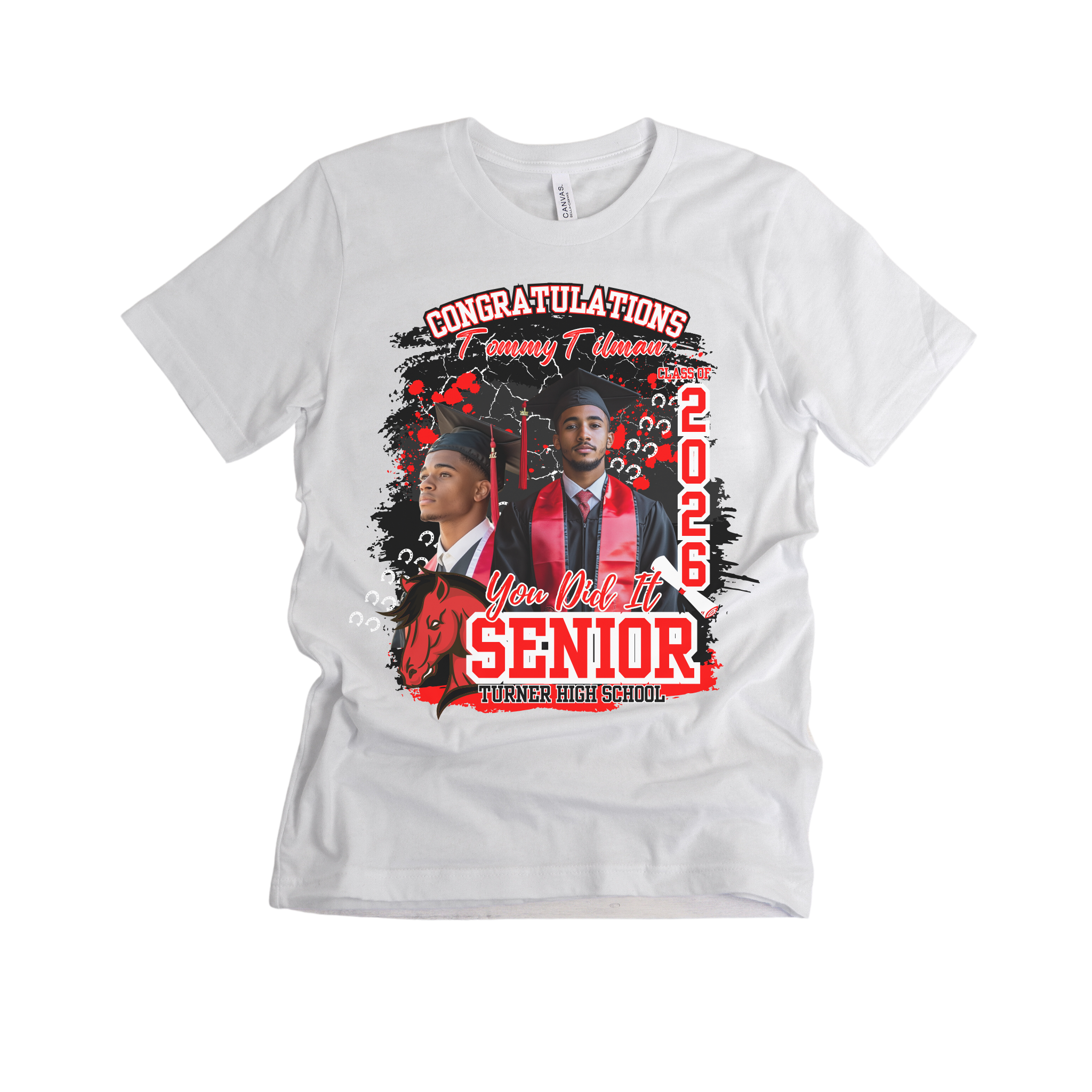 White t-shirt with graduation-themed design featuring two students and text on a white background