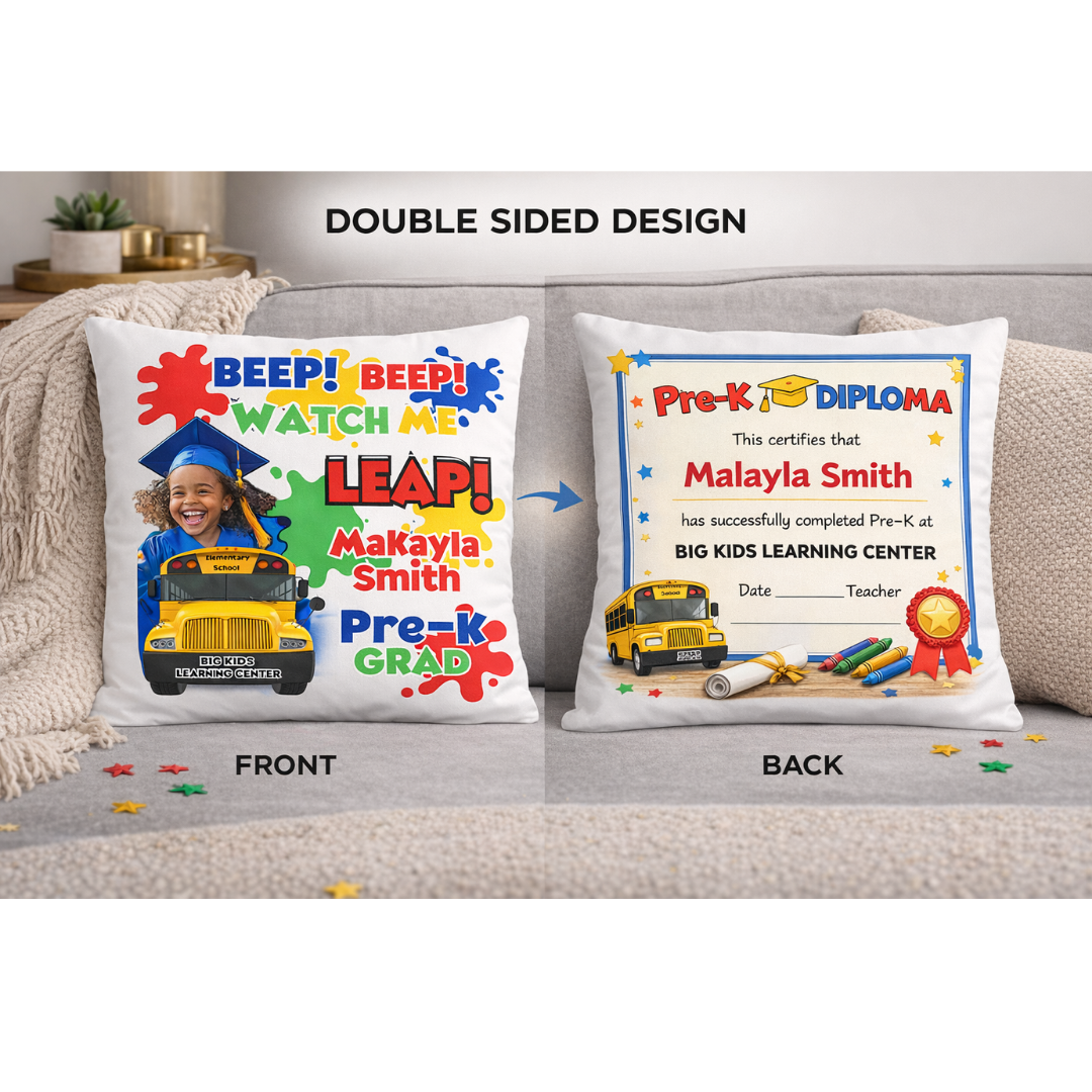 Personalized PreK Graduation Throw Pillow - Beep Beep Watch Me Leap