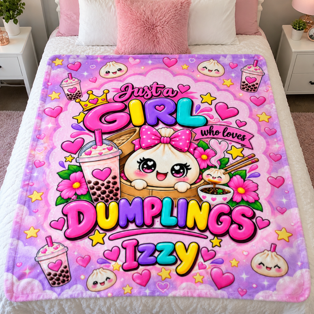 Personalized Just a Girl Who Loves Dumplings name blanket on a bed, custom name in colorful letters