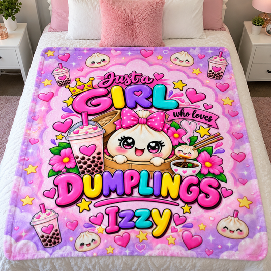 Personalized Just a Girl Who Loves Dumplings name blanket on a bed, custom name in colorful letters