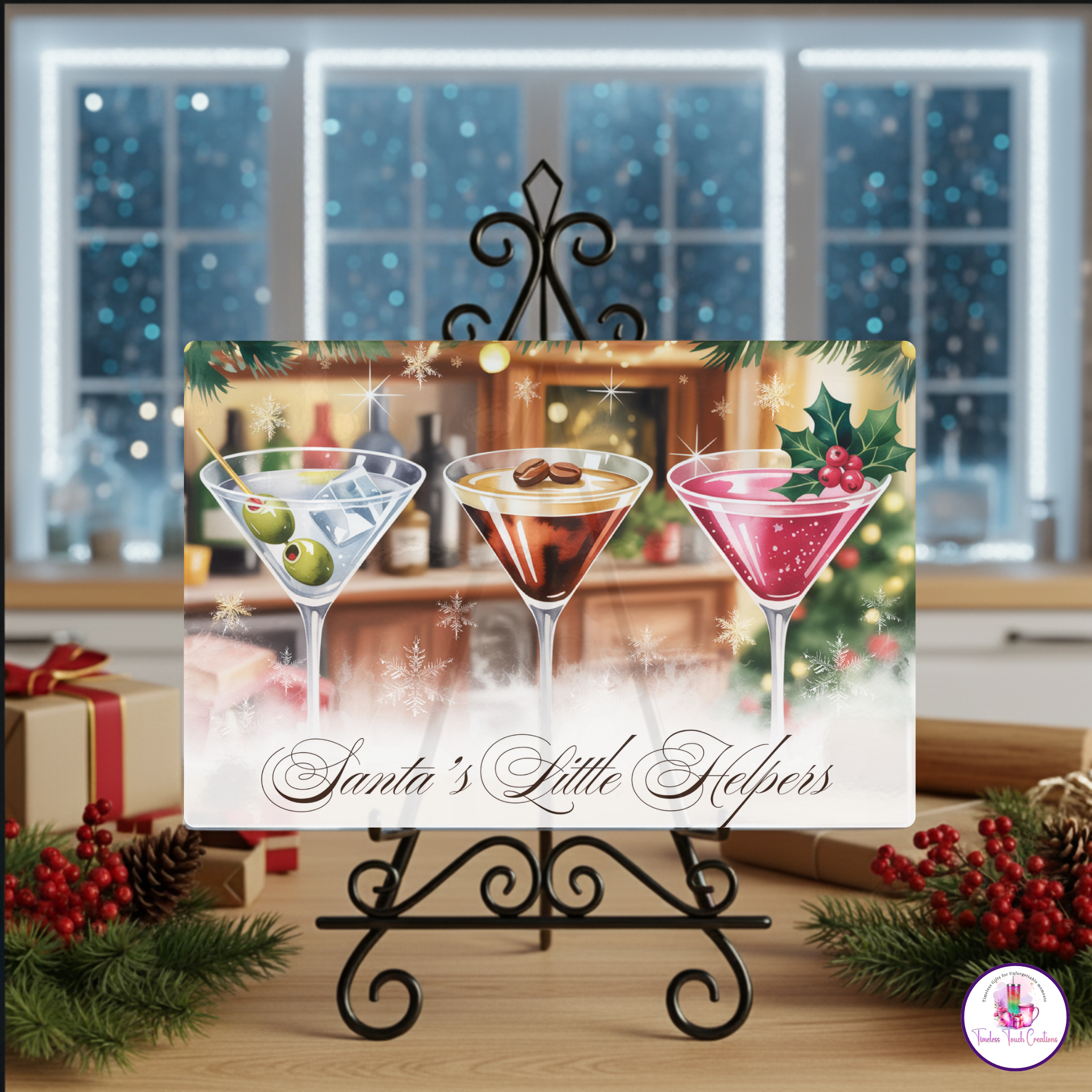 Decorative sign with Christmas cocktails on a stand in a festive setting.
