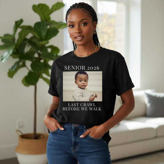 College Senior Bar Crawl Tee 2026 - Last Crawl Before We Walk Graduation Shirt with Baby Photo