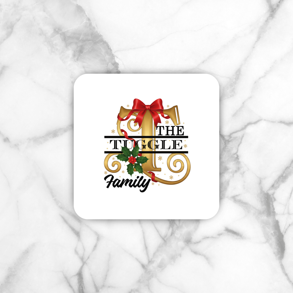 Personalized Family Christmas Monogram Collection, Stemless Wine Glass, Coaster, Kitchen Towel, Apron, and Pot Holder