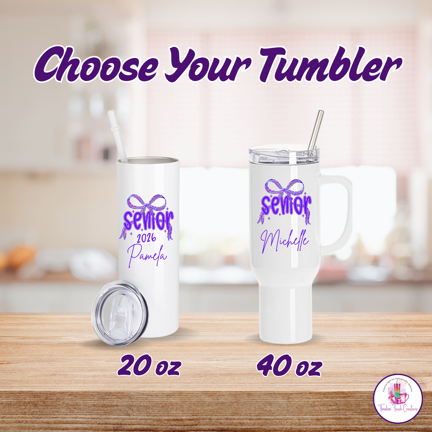 Personalized Senior 2026 Tumbler, 40 oz & 20 oz Coquette Bow Cup with Handle, Class of 2026 Graduation Gift for High School Seniors, Girls, Back to School, or Senior Night