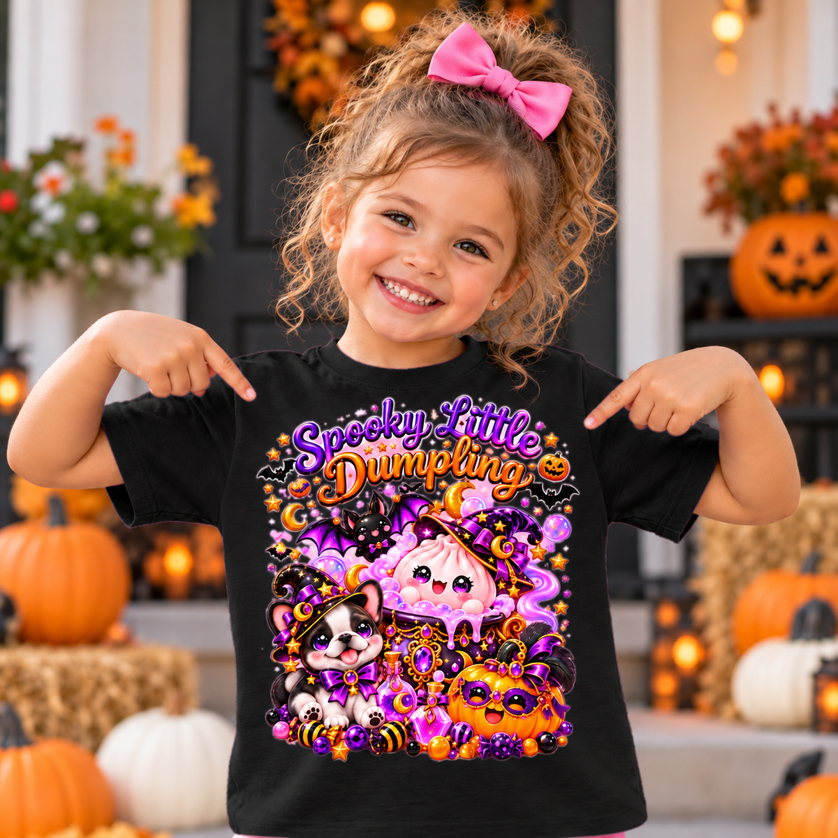 Toddler girl in black Spooky Little Dumpling kids Halloween shirt