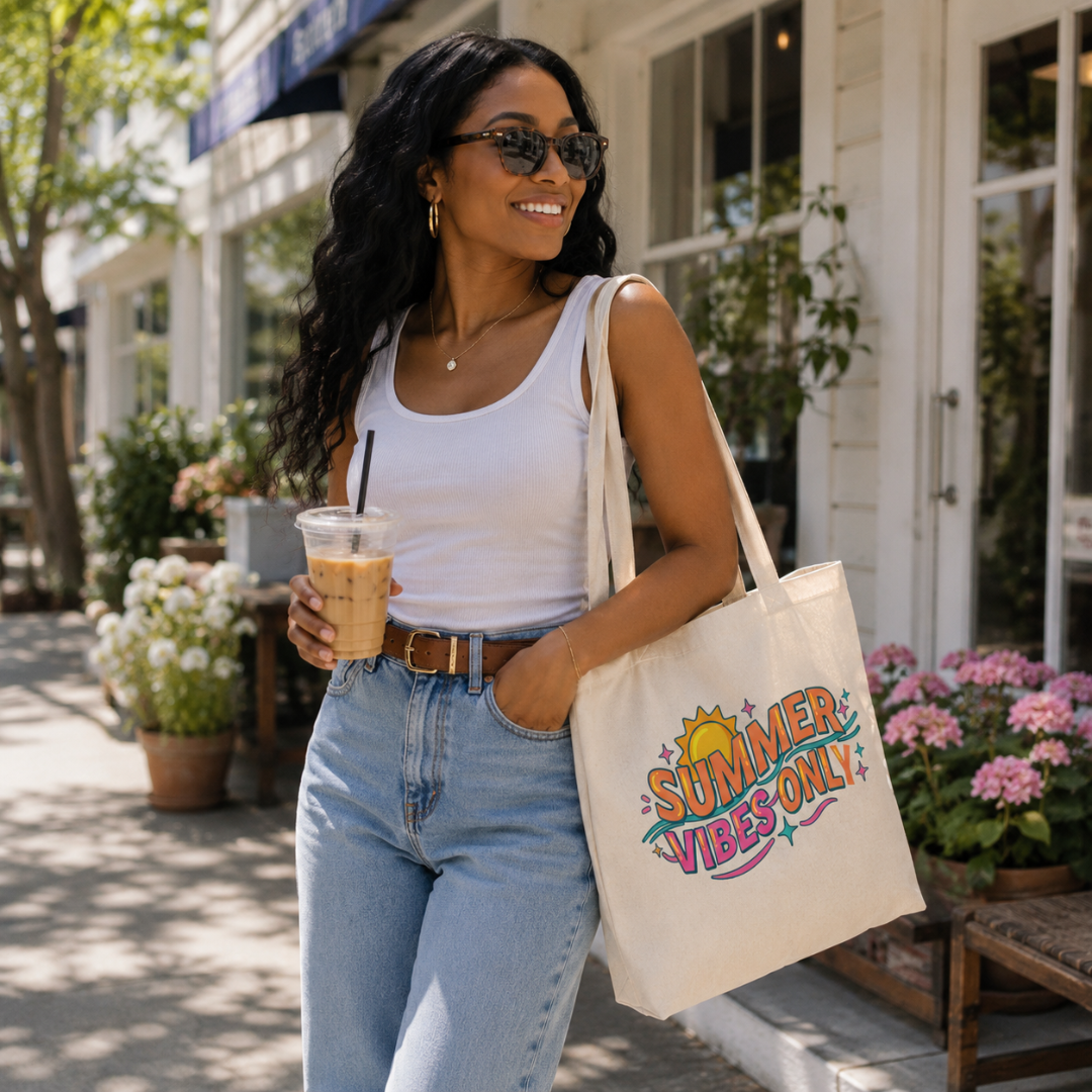 Summer Vibes Only Canvas Tote Bag | Retro Sun Reusable Bag