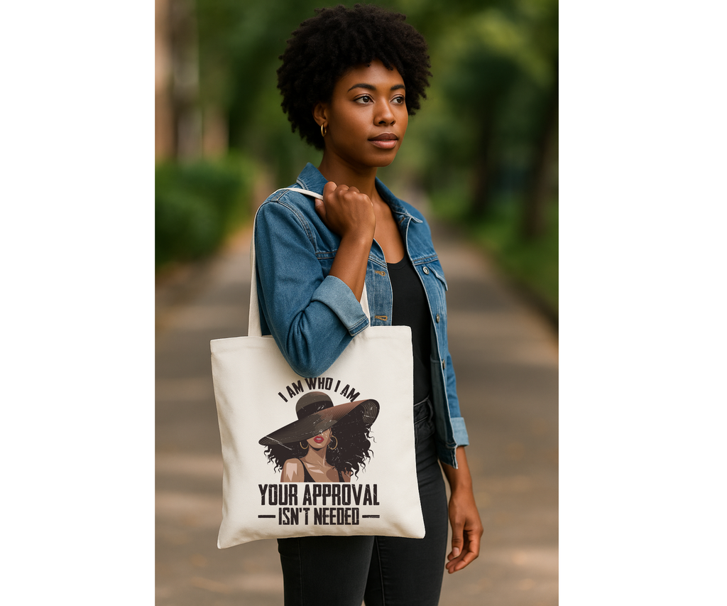 Empowered Woman Canvas Tote Bag – “I Am Who I Am, Your Approval Isn’t Needed” Statement Bag for Bold Women