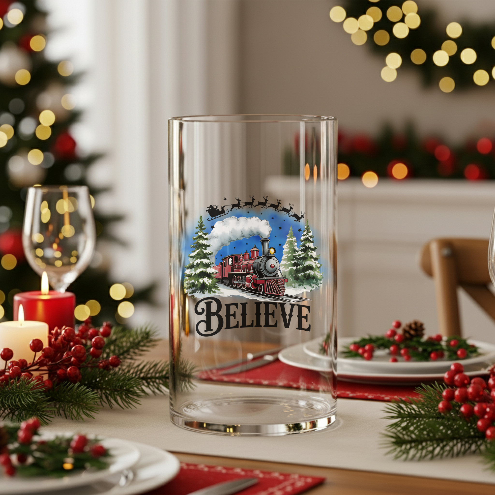 Christmas Glass Vase Believe Train Design Holiday Centerpiece Decor