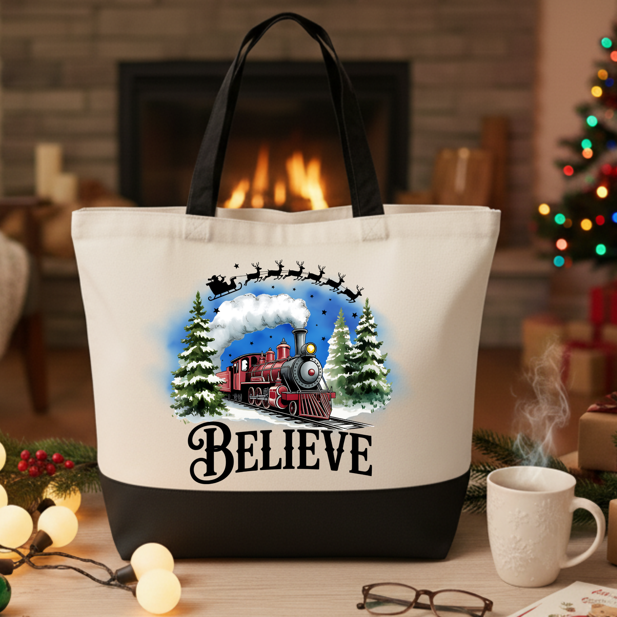 Christmas Tote Bag Holiday Shopping Tote Canvas Believe Train Design