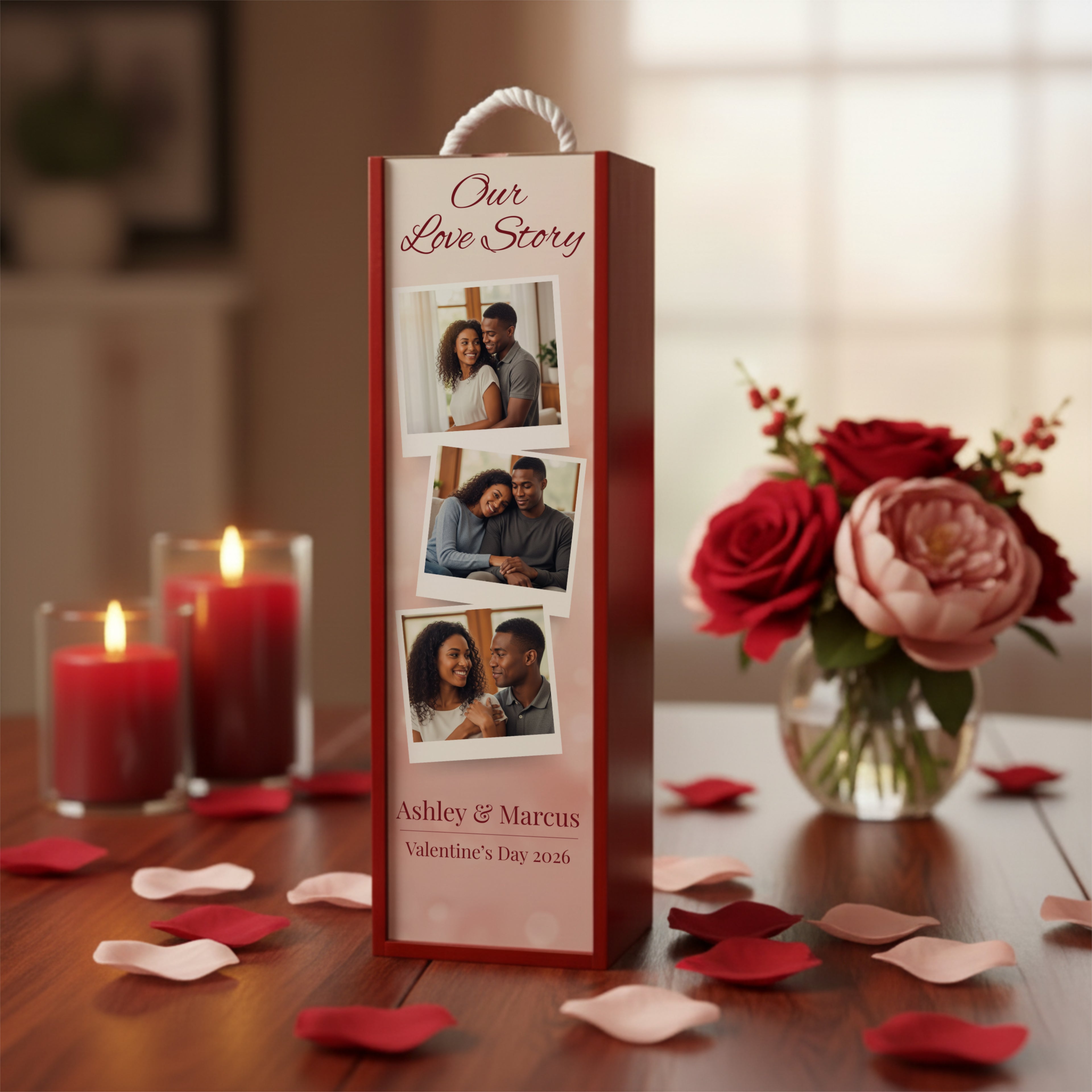 Personalized Valentines Wine Box Couple Photo Gift with Custom Name