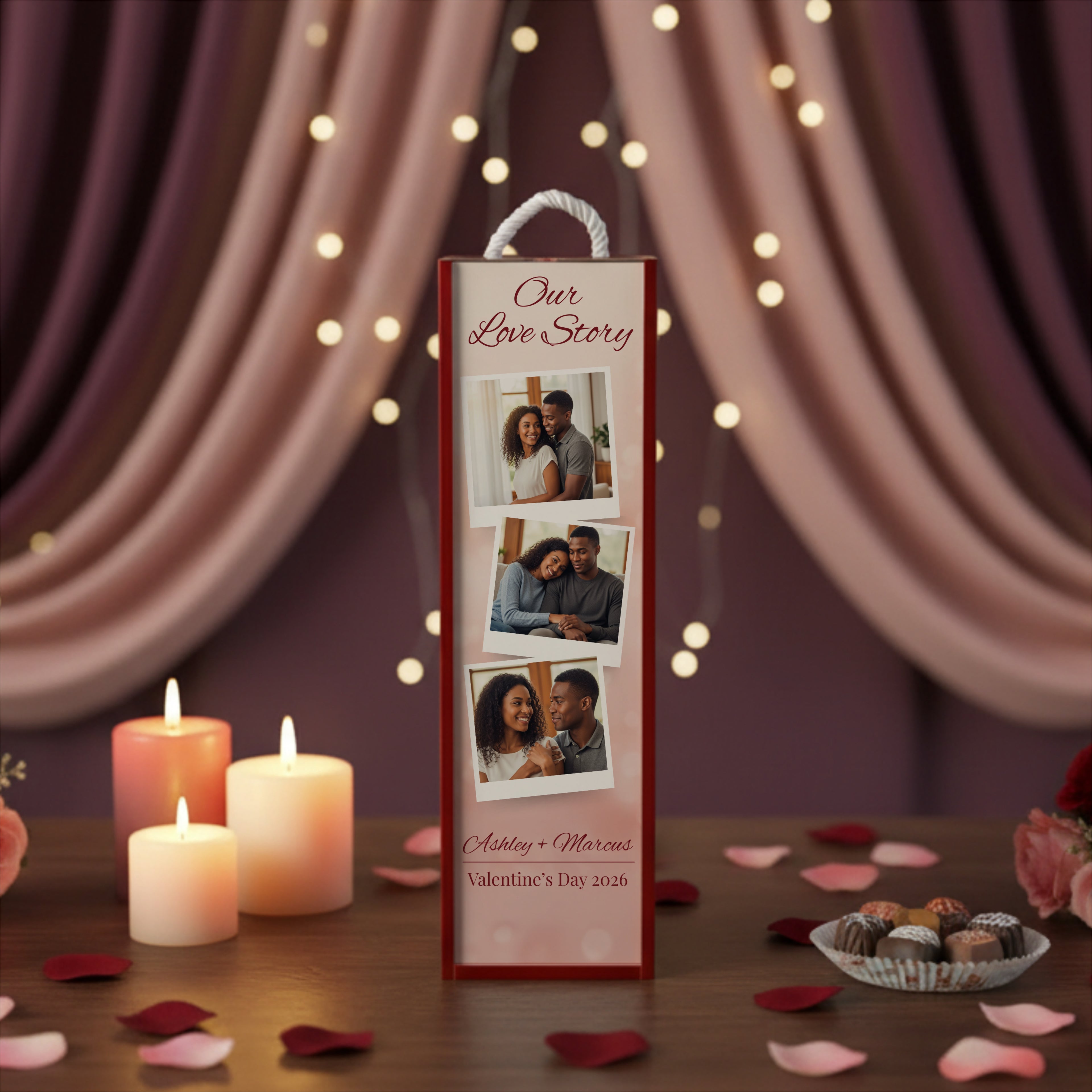 Personalized Valentines Wine Box Couple Photo Gift with Custom Name