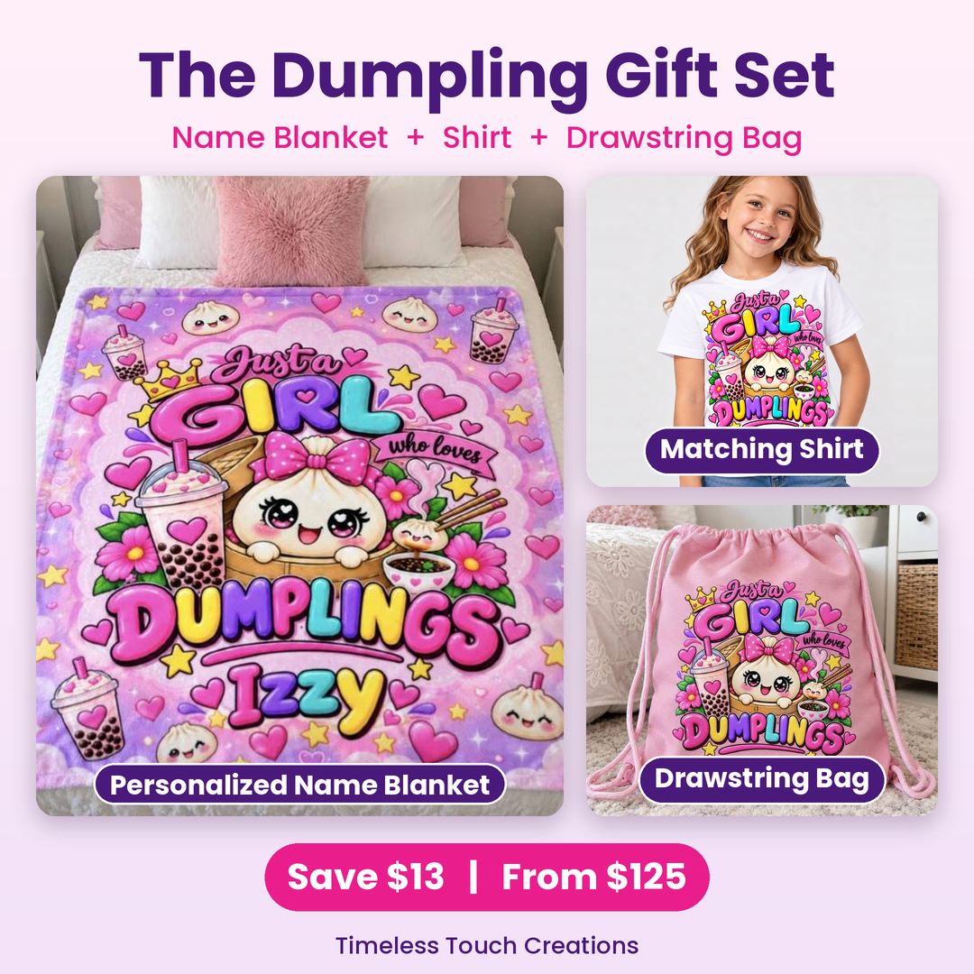 Personalized Dumpling Gift Set with custom name blanket, matching Just a Girl Who Loves Dumplings shirt and pink drawstring bag
