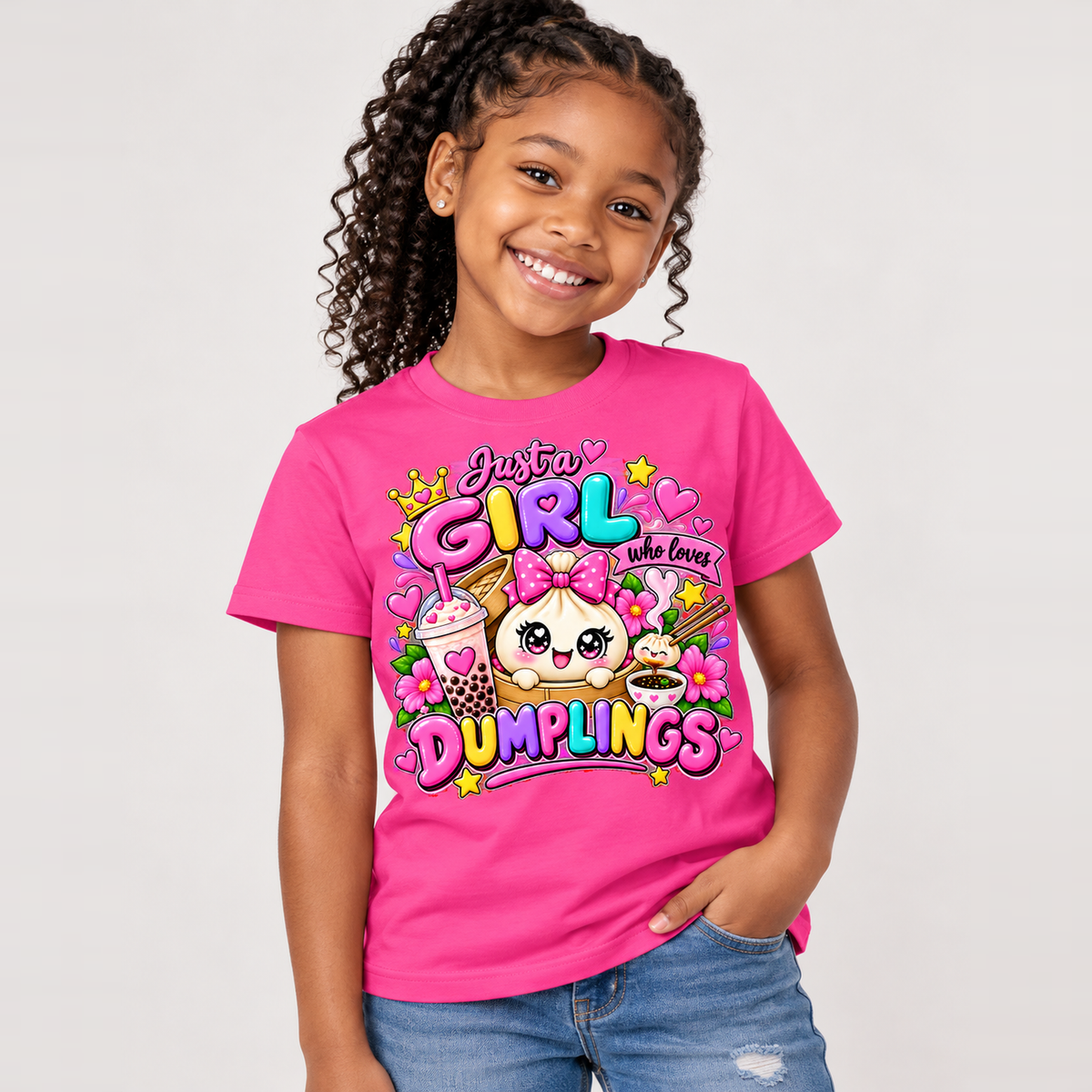 Girl wearing pink Just a Girl Who Loves Dumplings graphic tee