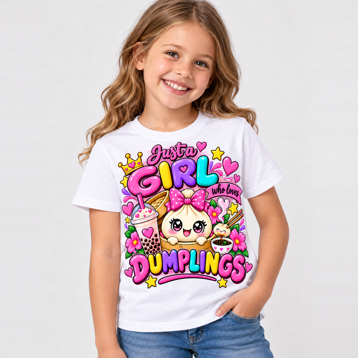 Girl wearing white Just a Girl Who Loves Dumplings shirt with kawaii dumpling design