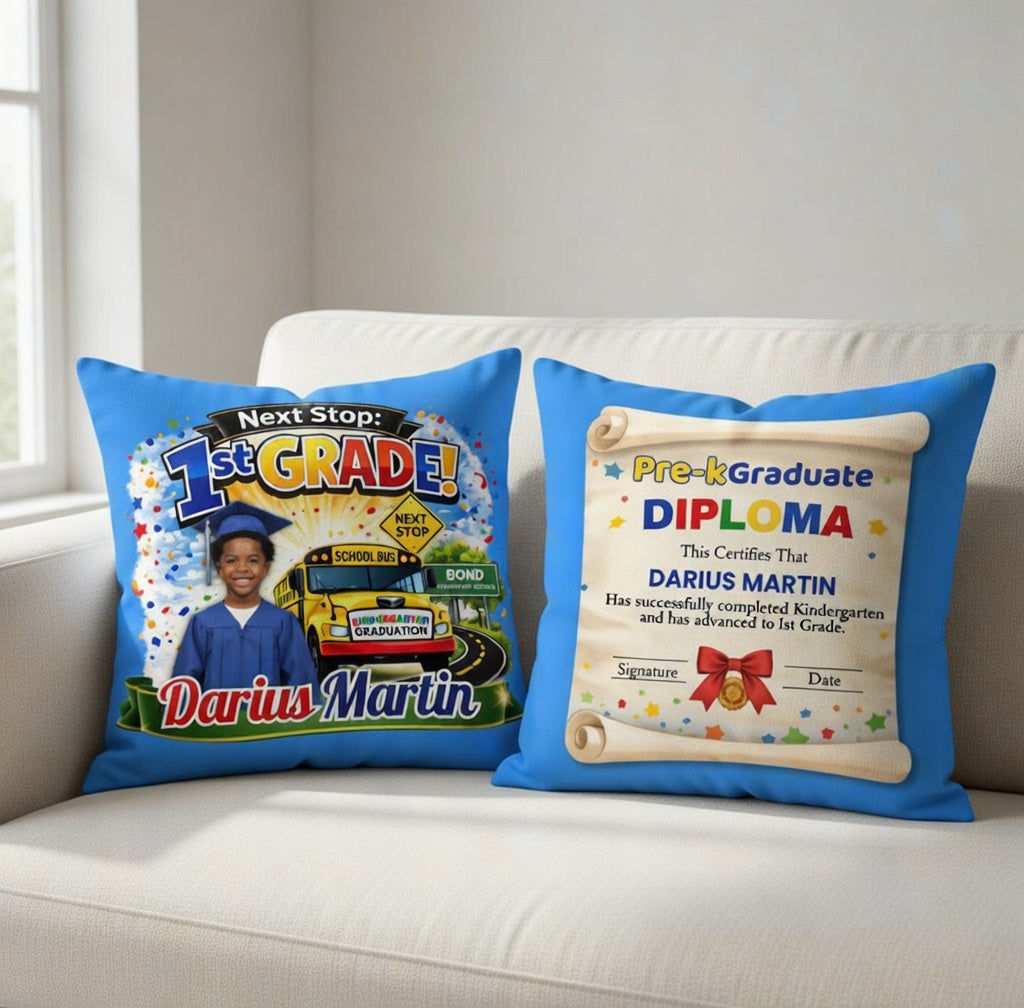 Personalized Kindergarten Graduation Throw Pillow | Next Stop 1st Grade