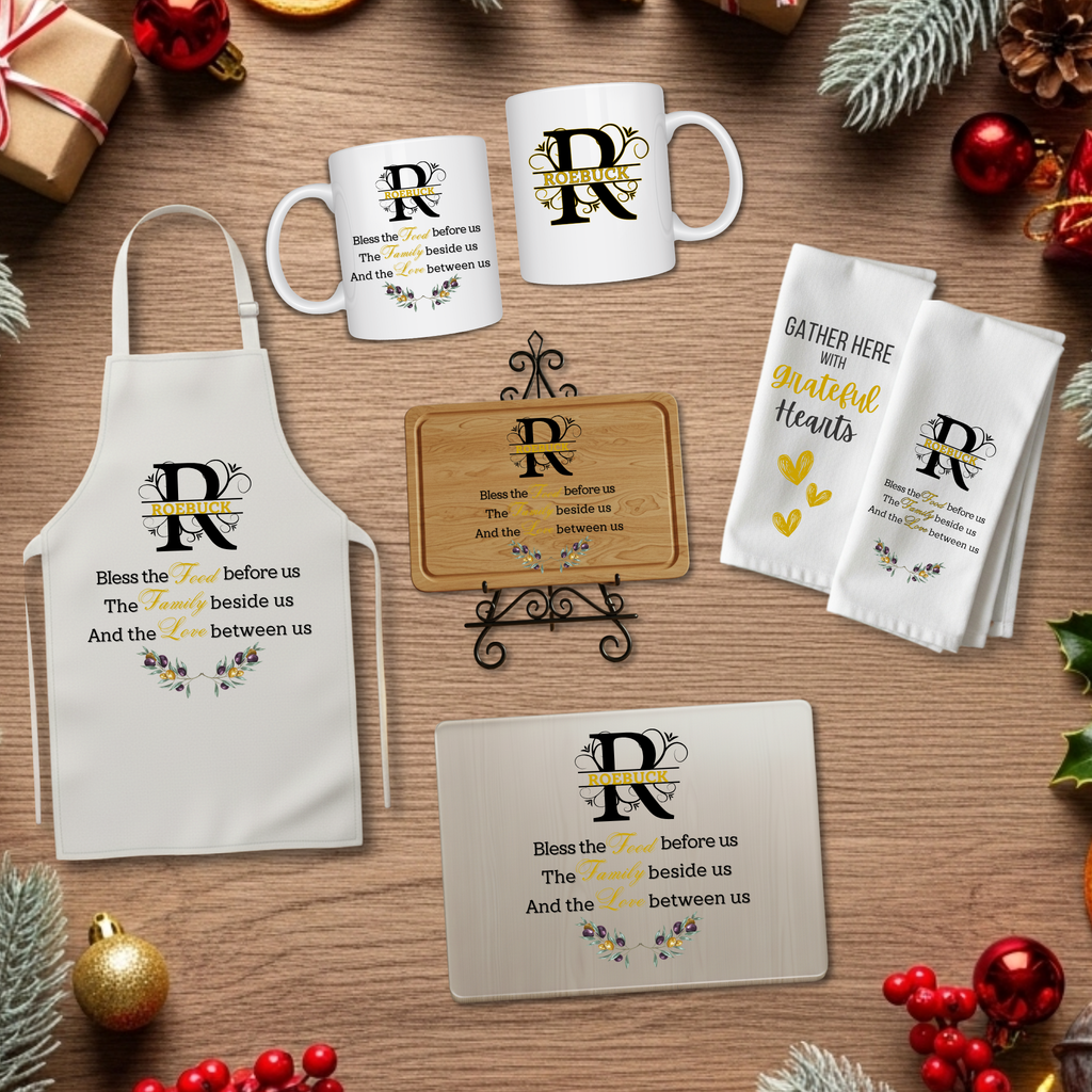 Monogram Kitchen Gift Set – Personalized Cutting Board, Dish Towel, Apron and Mug