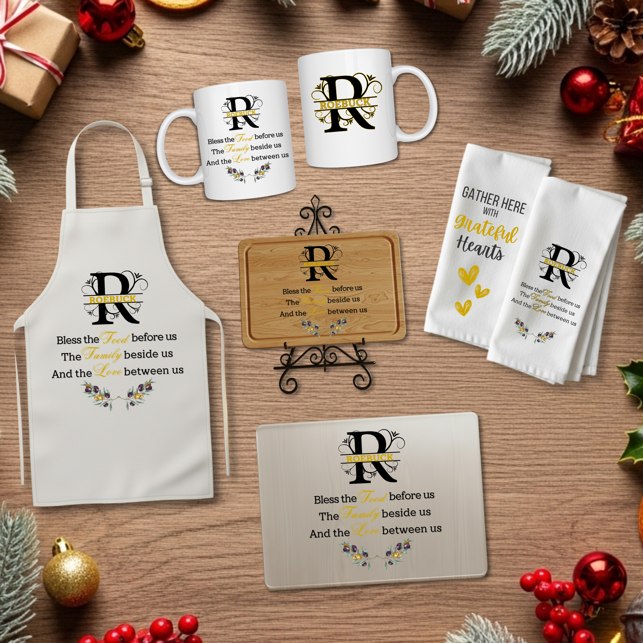 Monogram Kitchen Gift Set – Personalized Cutting Board, Dish Towel, Apron and Mug