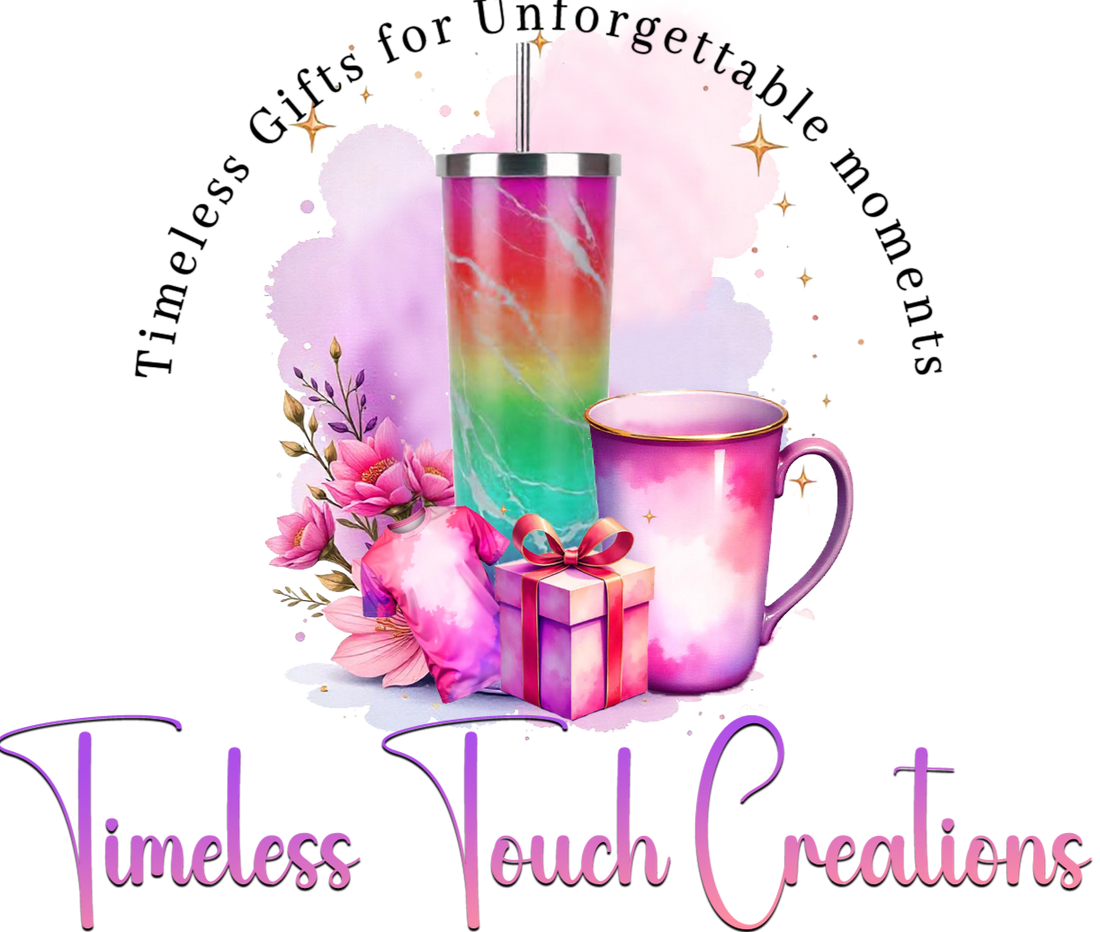 Logo for Timeless Touch Creations with colorful items and text on a white background