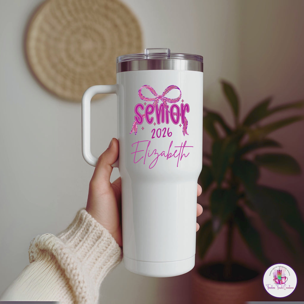 Personalized Senior 2026 Tumbler, 40 oz & 20 oz Coquette Bow Cup with Handle, Class of 2026 Graduation Gift for High School Seniors, Girls, Back to School, or Senior Night