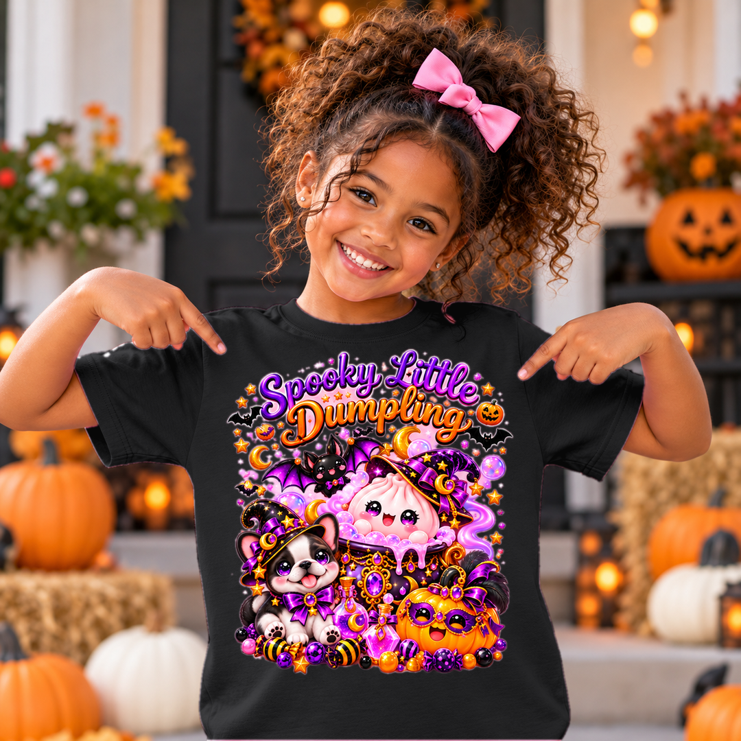 Girl wearing black Spooky Little Dumpling Halloween shirt with kawaii witch dumpling, bat, puppy and pumpkin