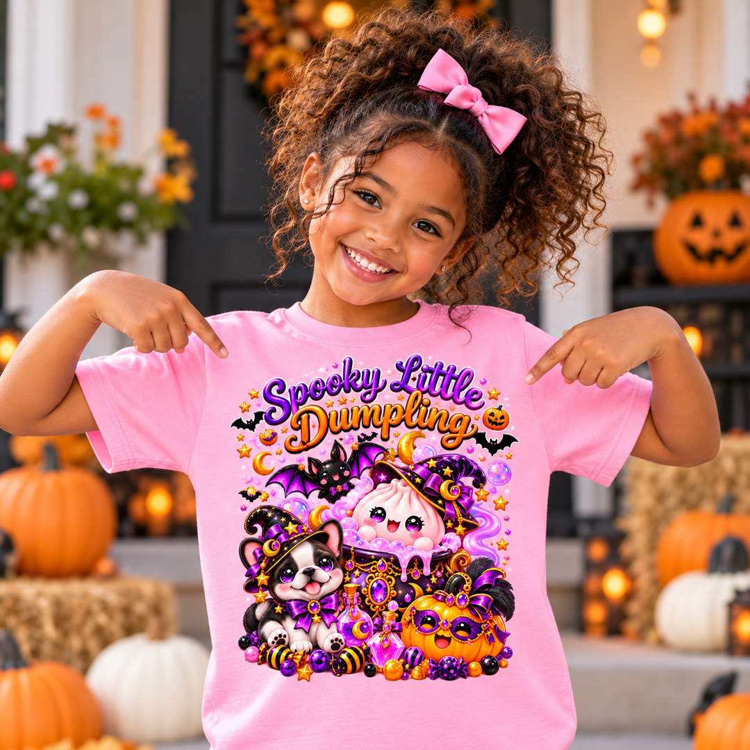 Girl wearing pink Spooky Little Dumpling cute Halloween shirt for girls
