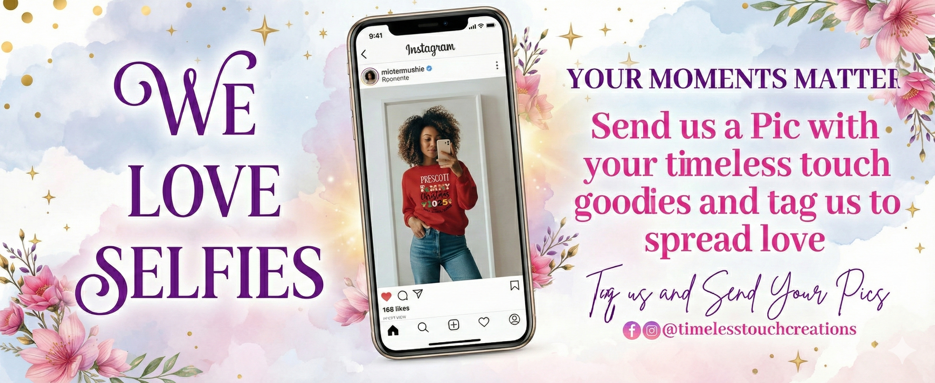 Promotional banner with a phone displaying an Instagram post, surrounded by floral elements and text.