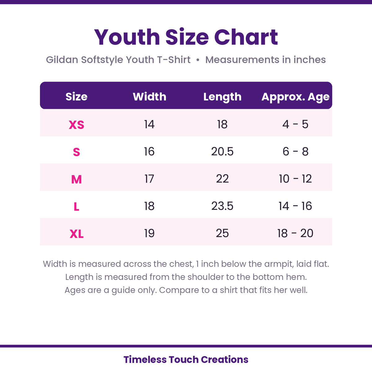 Youth shirt size chart, sizes XS to XL